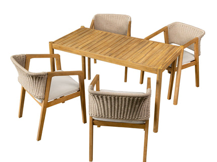 Outdoor Dining Set 1 Table 4 Chairs (Set of 5) - Teak / Beige