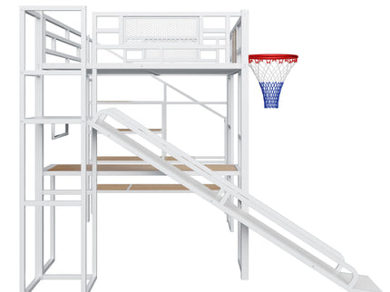 Loft Bed With Built In Desk, Open Wardrobe, Basketball Hoop, Slide And Staircase