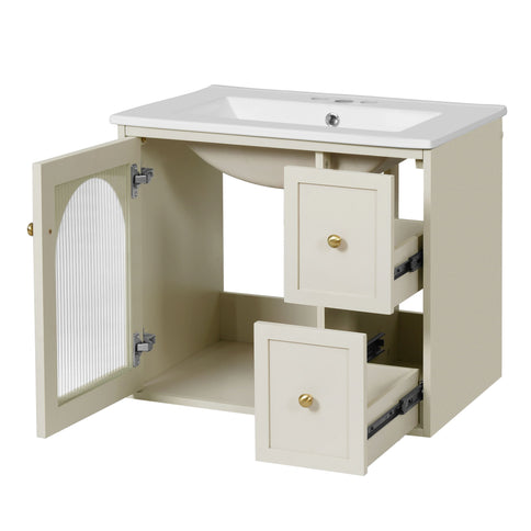 Wall-Mounted Bathroom Vanity Set With Sink, 2 Drawers And Soft-Close Door