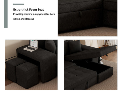 Modern L-Shape 3 Seat Reversible Sectional Couch, Pull Out Sleeper Sofa With Storage Chaise And 2 Stools For Living Room Furniture Set
