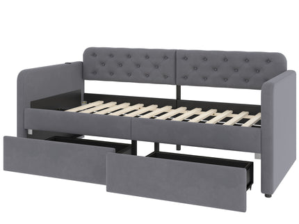 Twin Size Upholstered Daybed With 2 Storage Drawers And USB Charging Design - Gray