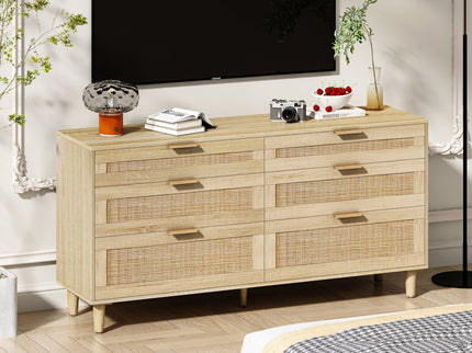 Rattan Dresser With 6 Drawers, Wooden Legs & Metal Handle