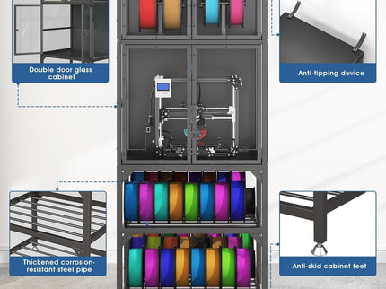3D Printer Cabinet With Double Layer Filament Storage, Noise Reducing Design - Black