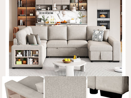 U-Shaped Sectional Sofa Pull-Out Sofa Bed With Two USB Ports, A Storage Chaise Lounge And Four Back Pillows For Living Room