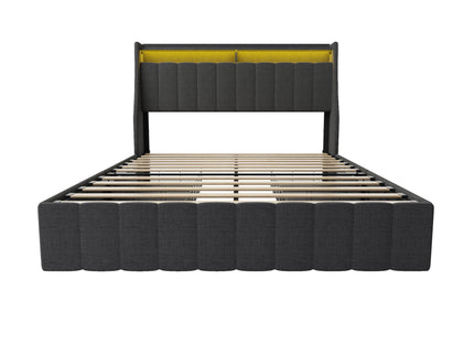 Bed With LED Lights, 4 Drawers, Winged Headboard Upholstered