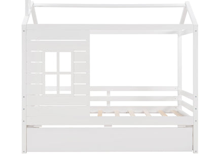 Twin Size Classic House Bed With Twin Size Trundle - White