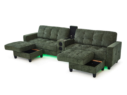 Modern Sectional Sofa U-Shaped With Movable Ottomans, tooth Speakers, LED Lights And Modular Storage