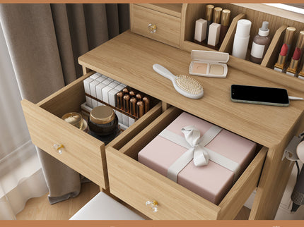 Small Vanity Desk With 3 LED Lighting Modes, 3 Drawers, Hair Dryer Holder, Power Socket, And Dressing Chair - Natural Walnut