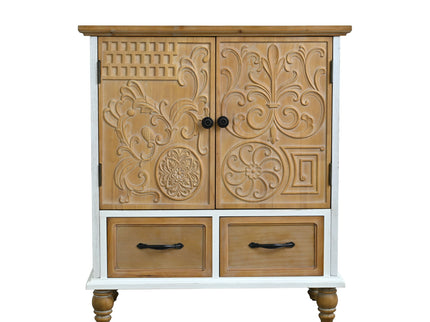 Accent Flower Carved Door Sideboard Cabinet With 2 Drawers For Kitchen - Natural Wood Wash / White