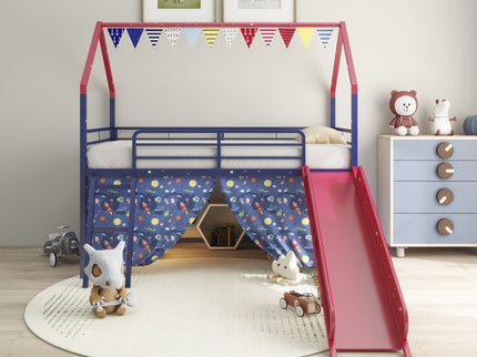 Jack - House Loft Bed With Slide And Curtain Set
