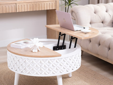 Round Coffee Table With Storage - White / Light Oak