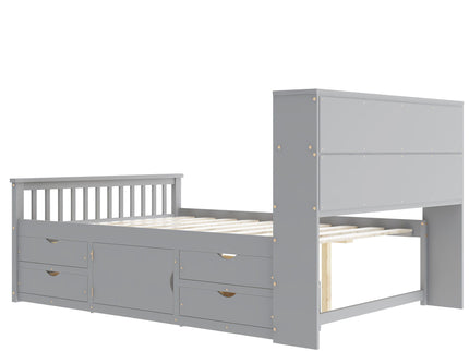 Captain Platform Bed Frame With Bookcase Headboard, 4 Drawers, Storage Shelves