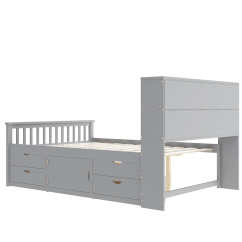 Captain Platform Bed Frame With Bookcase Headboard, 4 Drawers, Storage Shelves