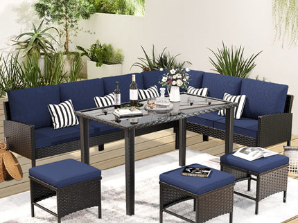 7 Piece Outdoor Furniture Set With Waterproof Cushions, Glass Table, And Space Saving Design - Blue