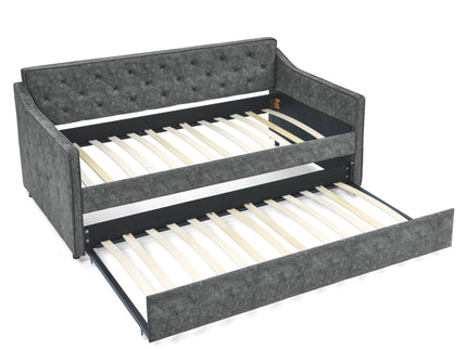 Twin Upholstered Daybed With Trundle, Waved Arms - Gray