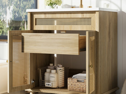 Bathroom Vanity With Handwoven Rattan Doors, Resin Basin - Natural Wood