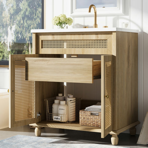 Bathroom Vanity With Handwoven Rattan Doors, Resin Basin - Natural Wood