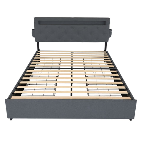 Bed With USB Charging Station, LED Lights, Headboard & Storage Drawers