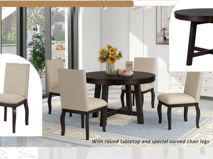 Round Extendable Dining Table Set With 4 Upholstered Chairs