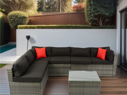 5 Pieces Rattan Sectional Outdoor Furniture Cushioned U Sof Set With 2 Pillow - Gray / Black
