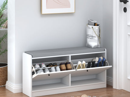 Shoe Storage Bench With Cushion, Entryway Organizer Cabinet For Hallway - White