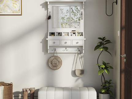 Floating Makeup Vanity With Big Mirror, Wall Mounted Storage Vanity With Drawers, Pockets & Hooks, Space Saving Decorative Home Organizer - White