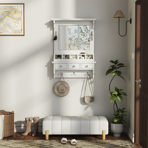 Floating Makeup Vanity With Big Mirror, Wall Mounted Storage Vanity With Drawers, Pockets & Hooks, Space Saving Decorative Home Organizer - White