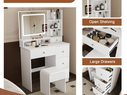 Vanity Desk With Mirror, 3 Color Lighting And Stool
