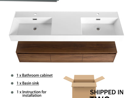 Contemporary Wall Mounted Bathroom Vanity With Dual Resin Sink And Soft Close Drawer