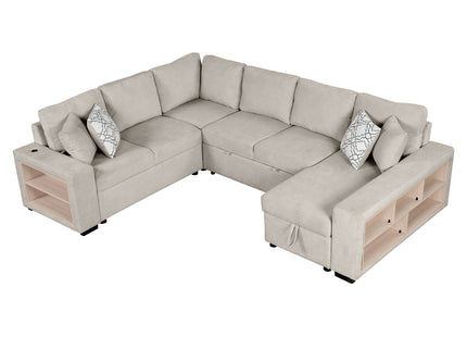 U-Shaped Sectional Sofa Pull-Out Sofa Bed With Two USB Ports, A Storage Chaise Lounge And Four Back Pillows For Living Room