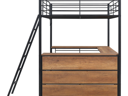 Full Size Loft Bed With 3 Layers Of Shelves And L-Shaped Desk - Black
