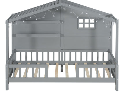House Bed With Shelves, Window And Sparkling Light Strip On The Roof