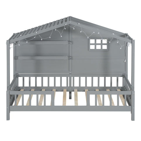 House Bed With Shelves, Window And Sparkling Light Strip On The Roof