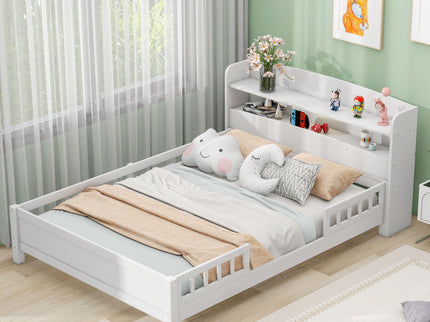 Wood Platform Bed With Built In LED Light, Storage Headboard And Guardrail