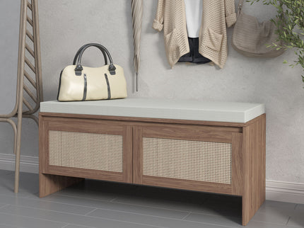 Storage Bench With Cushion, Shoe Cabinet With 2 Doors - Antique Natural / Rattan