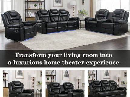 3 Pieces Recliner Sofa Sets Home Theater Seating Manual Recliner Chair With Center Console And LED Light Strip For Living Room