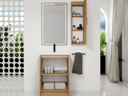 Freestanding Bathroom Vanity Set With Tall Linen Cabinet, Single Sink, Extra Storage, Soft Close Doors - Glossy White / Light Oak