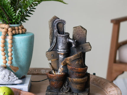 Water Fountain With Antique Water Pump Design And LED Light - Brown / Gray