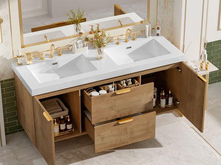 Double Sink Bathroom Vanity Soft Close Doors, Divided Drawers, Wall Mounted - Wood