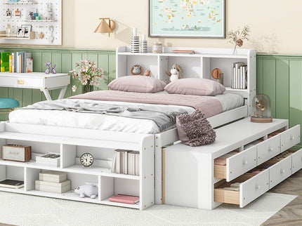 Bed With Bookcase Headboard, Under Bed Storage Drawers And Bed End Storage Case