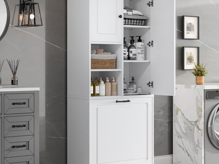 Modern Tall Storage Cabinet With Adjustable Shelves, Flip-Out Basket & Enclosed Doors
