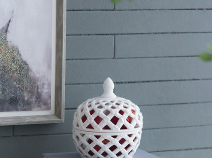 Ceramic Lidded Jar With Lattice Design - White