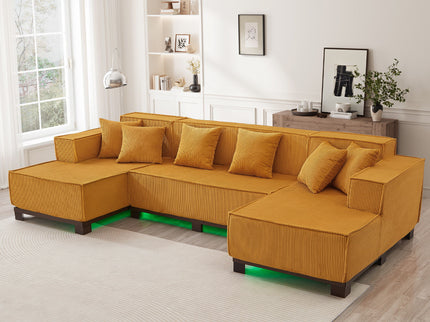U-Shaped Sectional Sofa With RGB LED Light Strip And 6 Pillows