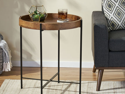 Modern Industrial Round End Table With Tray Top And Foldable Iron Legs - Natural