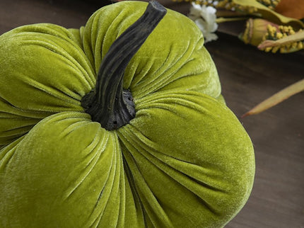 Velvet Weighted Pumpkin With Resin Stem Apple, Pumpkin Ornament Decor For Holiday Harvest Festival Fall Festival & Thanksgiving (Set of 2) - Green