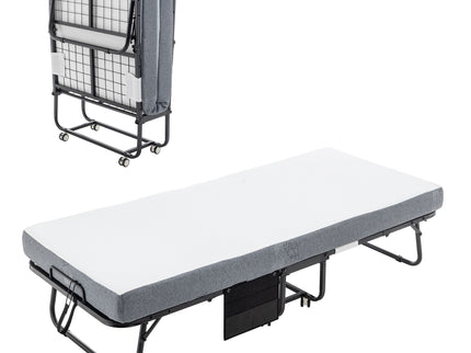 Foldable Metal Frame Bed For Guest With Memory Foam Mattress On Wheels, Saving Space Rollaway Bed