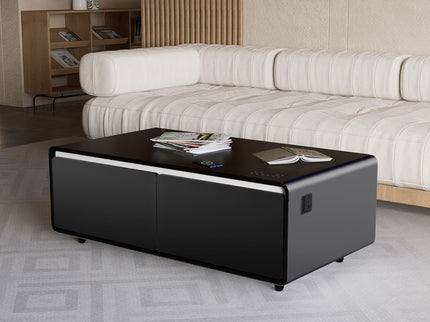Modern Smart Coffee Table With Built-In Fridge, tooth Speaker, Wireless Charging Module, Touch Control Panel, Power Socket, USB Interface, Outlet Protection, Atmosphere Light