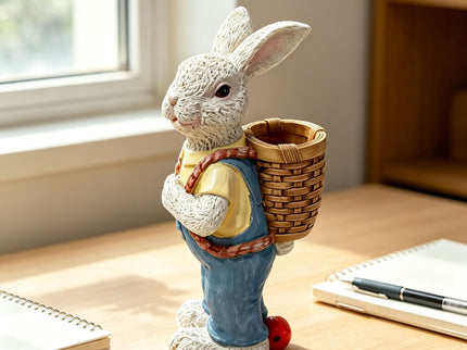 Simulated Couple Rabbit Statue Flower Pot Ornament, Resin Garden Sculpture Decor - Blue / White