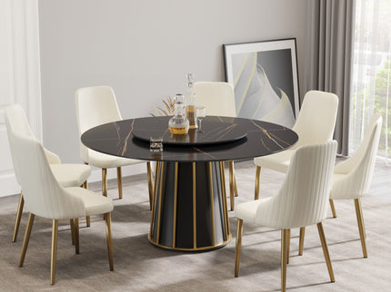 Modern Artificial Stone Round Metal Iron Base Dining Table, Can Accommodate 8 People Artificial Stone Turntable (Not Including Chairs) - Black