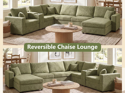 Modular 5 Seat U-Shape Sectional Sofa With Chaise Lounge, Built In Cup Holders And Storage Drawer